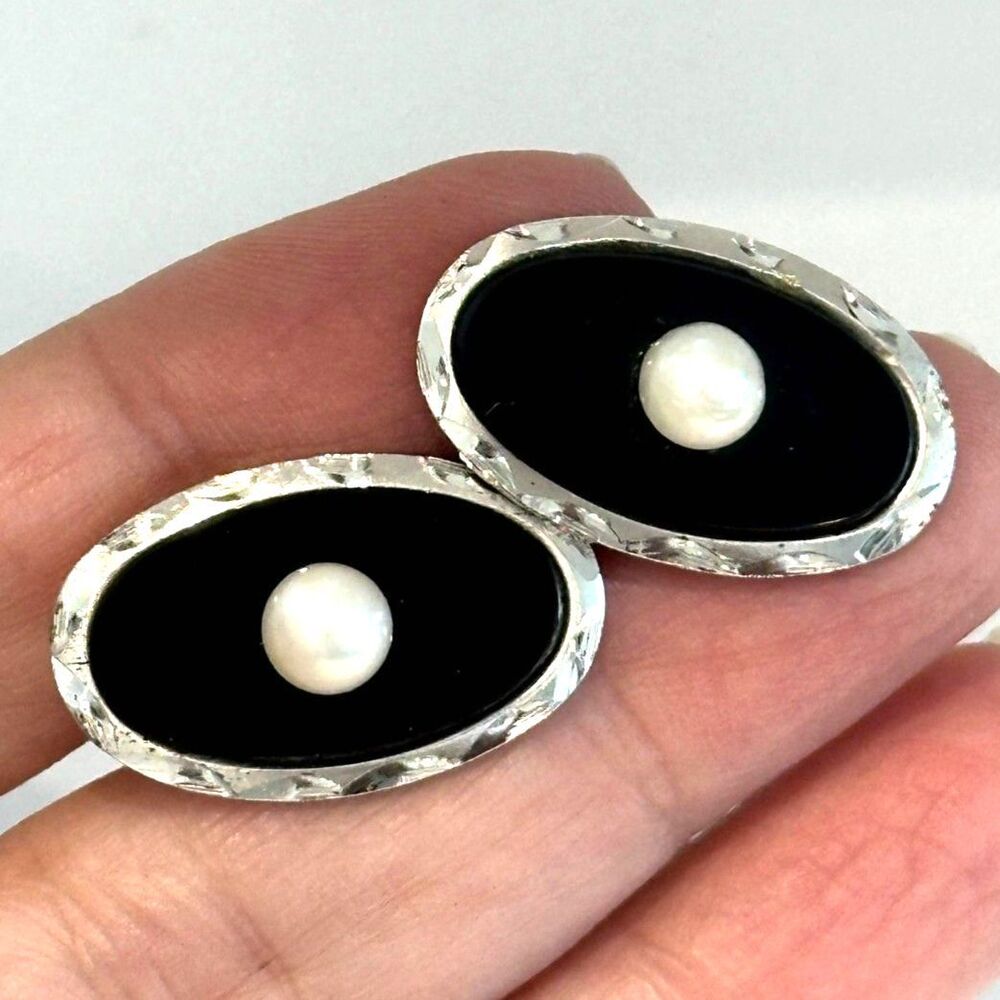 PRK Sterling Onyx Faux Pearl Cuff Links